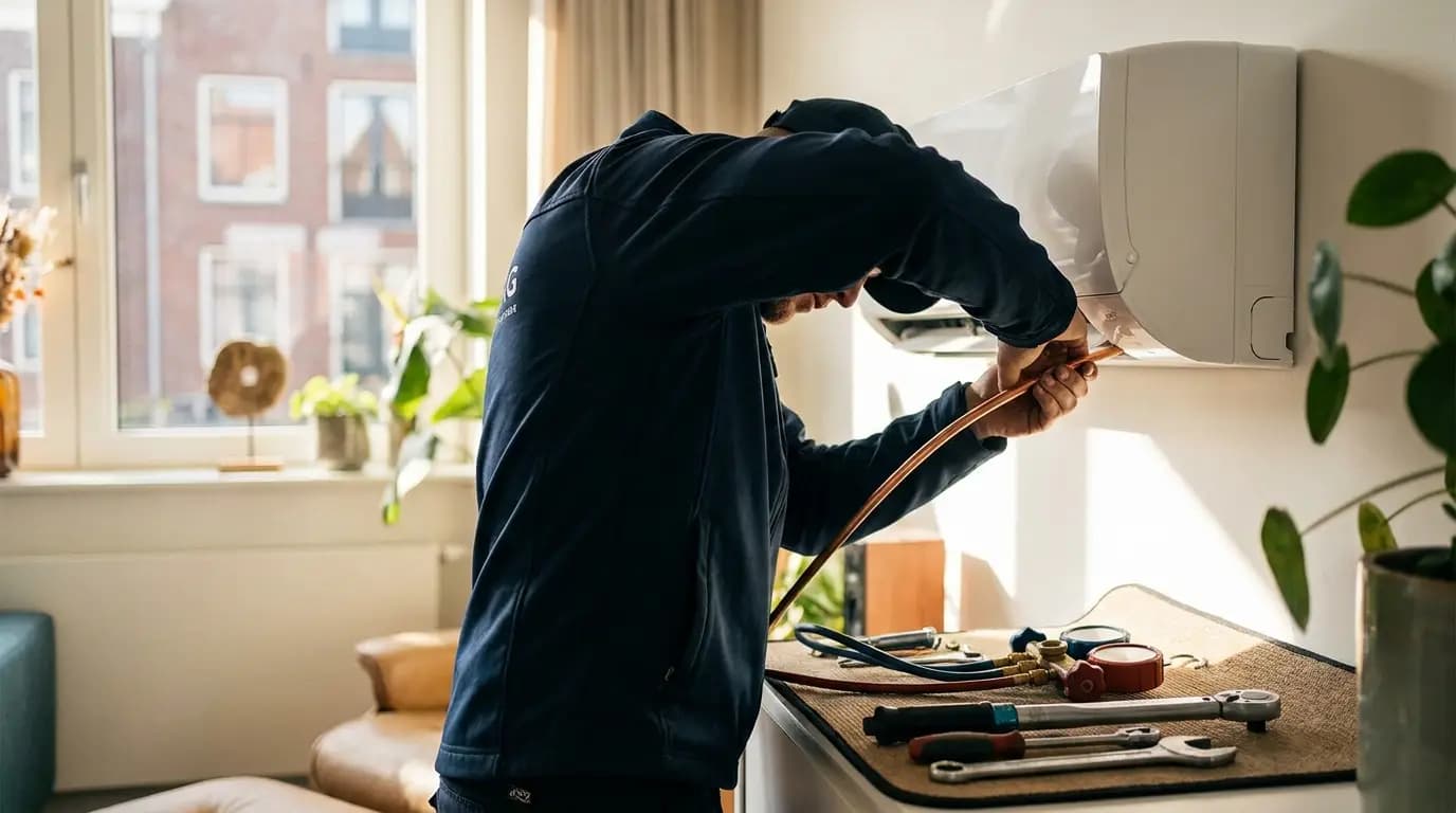 Vakman bezig met airco bijvullen (koudemiddel) in een Nederlandse woning