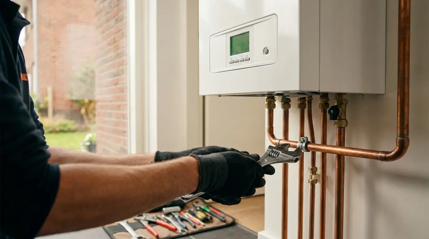 Vakman bezig met warmtepomp repareren of onderhouden in een Nederlandse woning