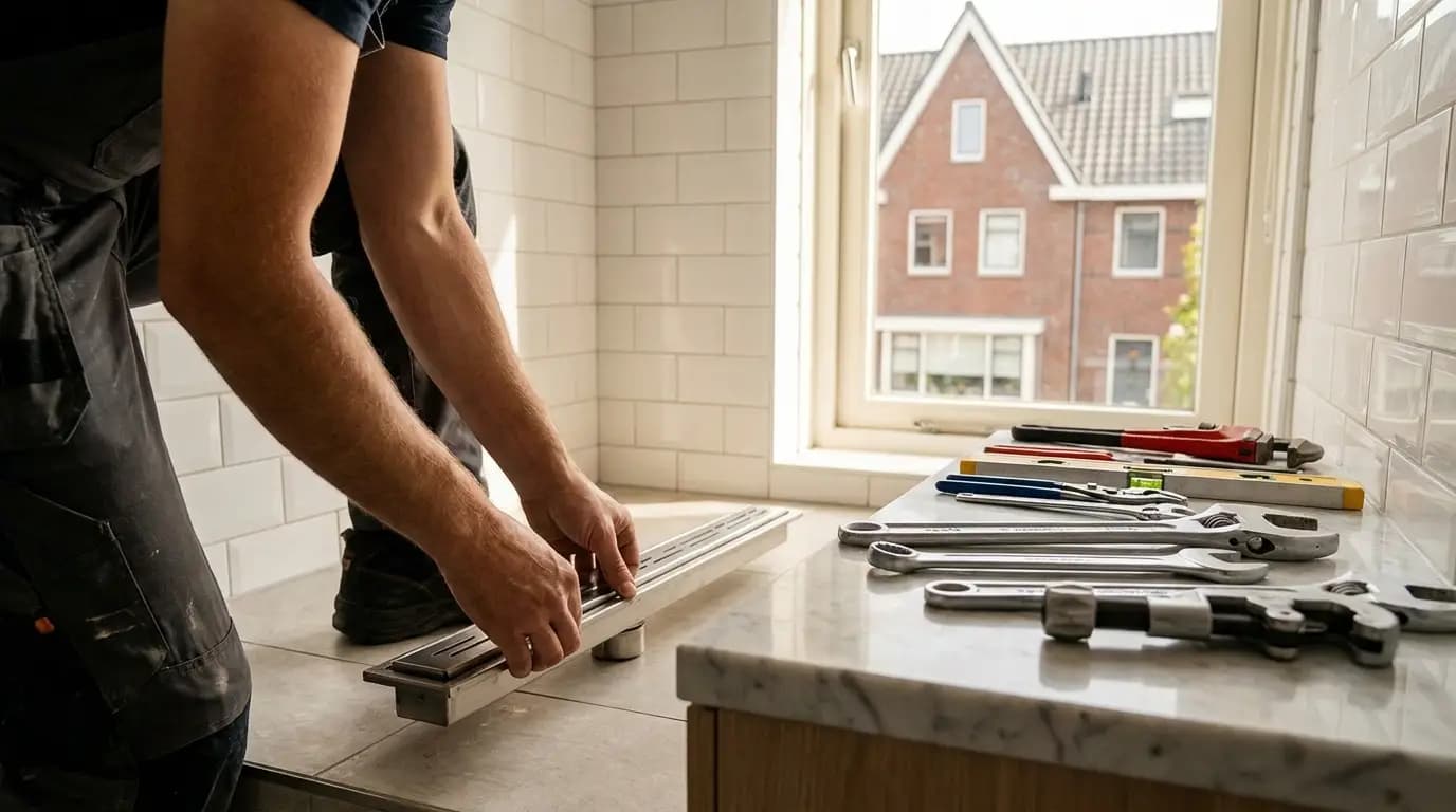 Vakman bezig met douchegoot plaatsen in een Nederlandse woning