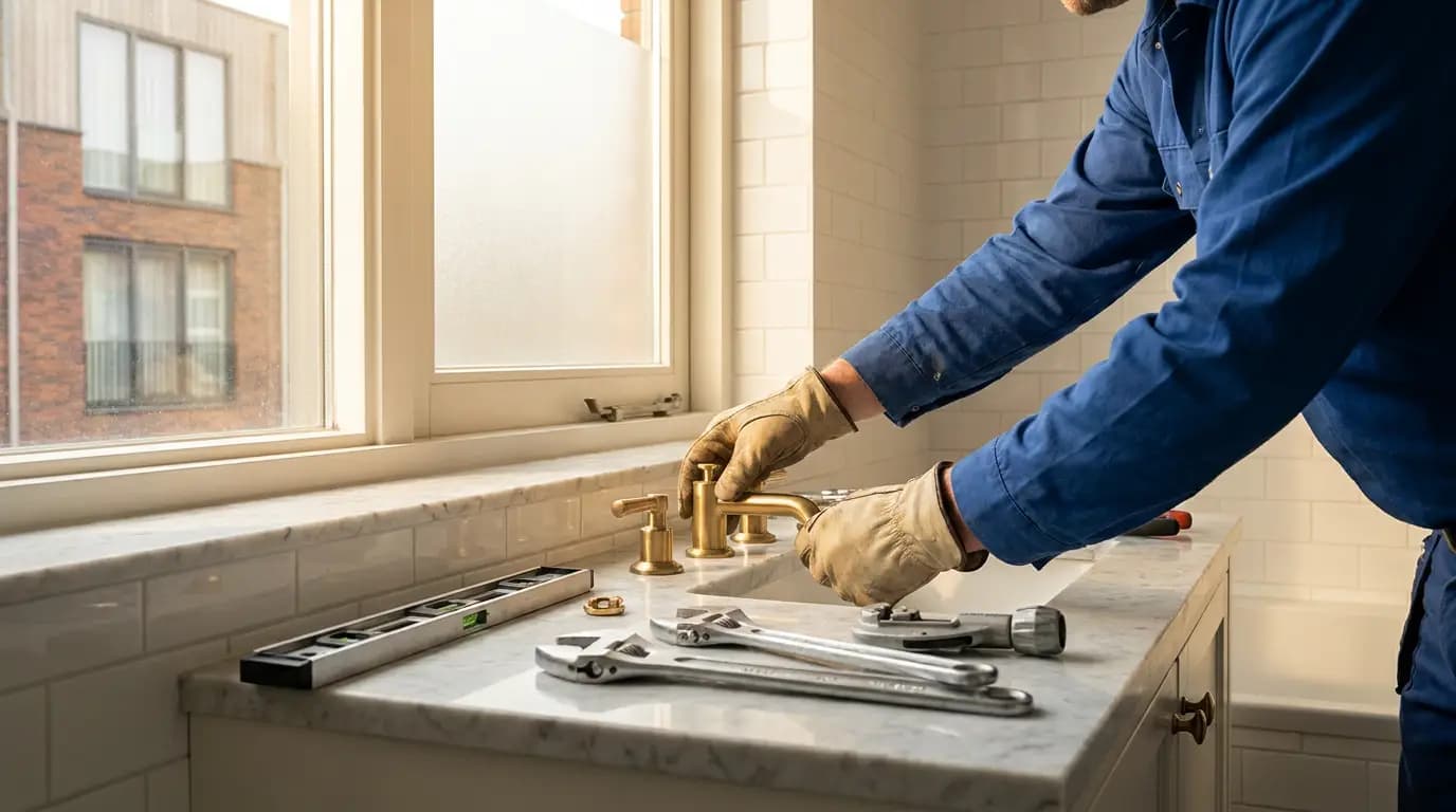 Vakman bezig met bad plaatsen in een Nederlandse woning
