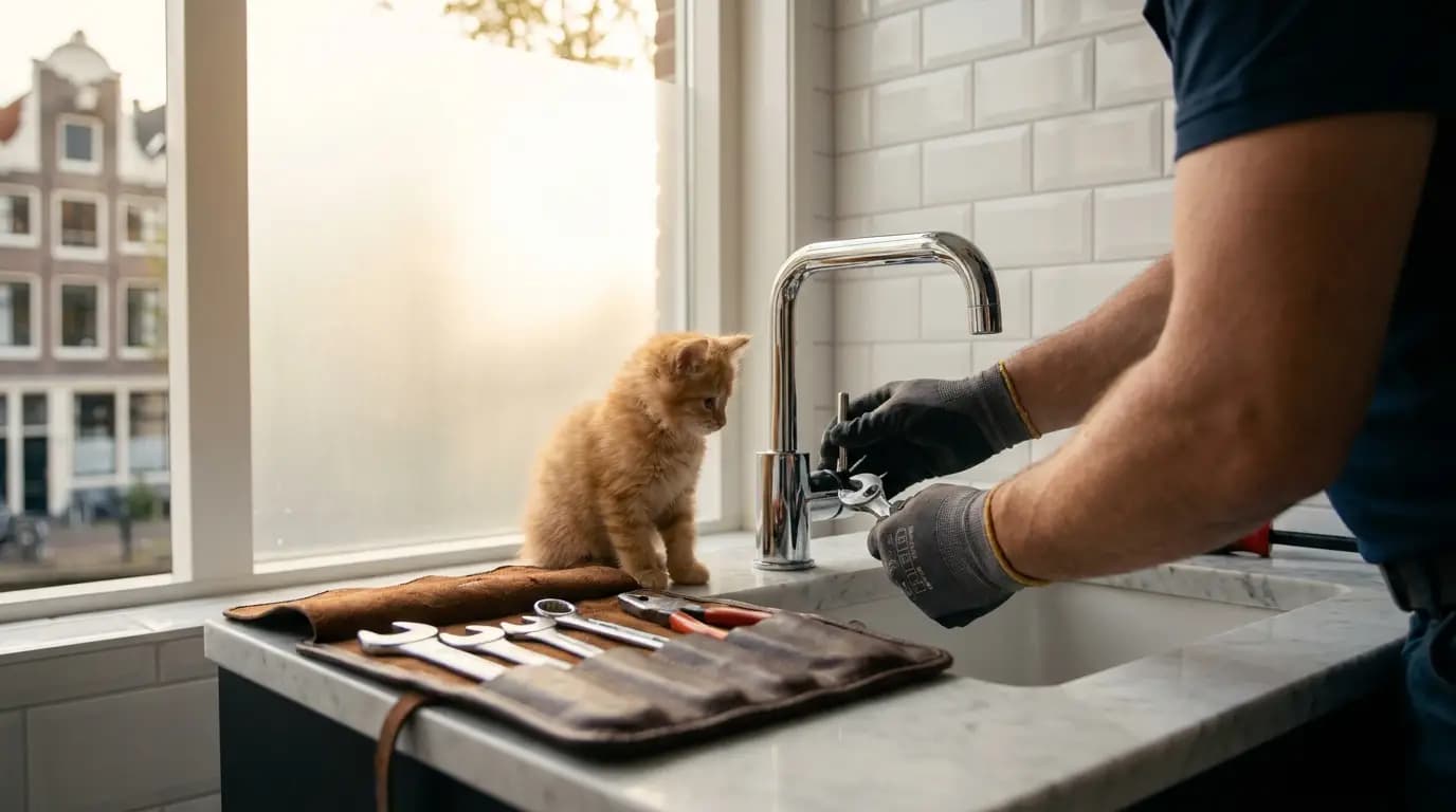 Vakman bezig met badkamer kitten in een Nederlandse woning