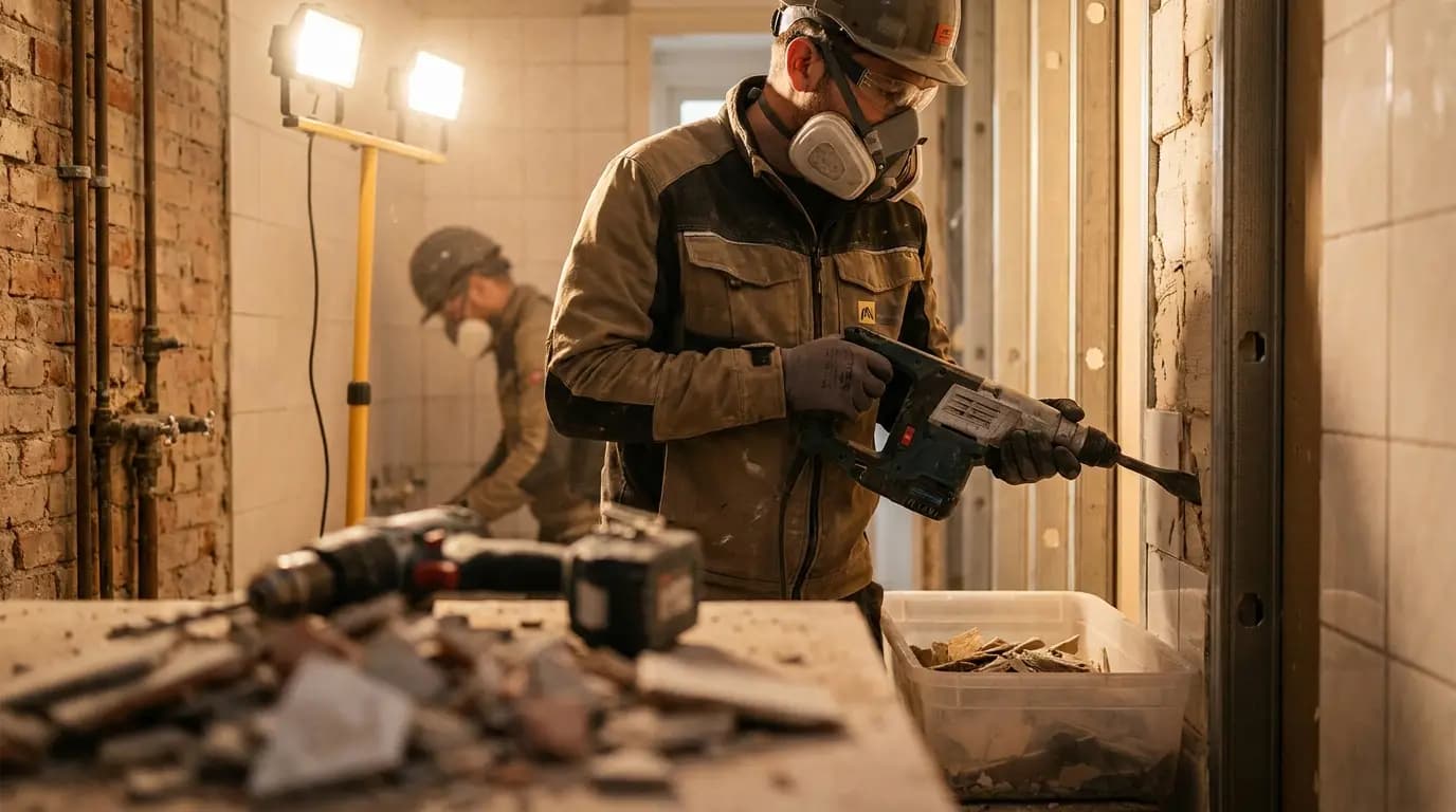 Vakman bezig met badkamer slopen in een Nederlandse woning