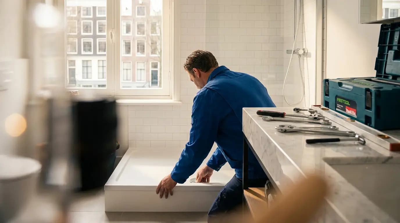 Vakman bezig met douchebak plaatsen in een Nederlandse woning