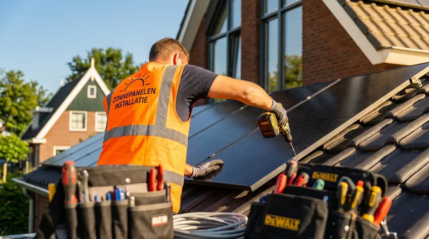Vakman bezig met zonnepanelen installeren of vervangen in een Nederlandse woning