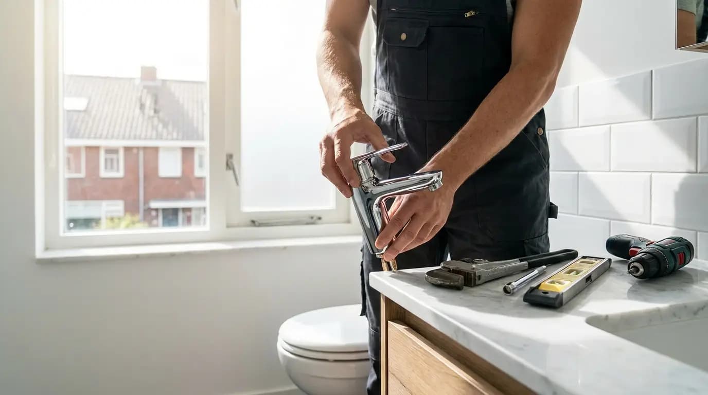 Vakman bezig met toilet renovatie in een Nederlandse woning
