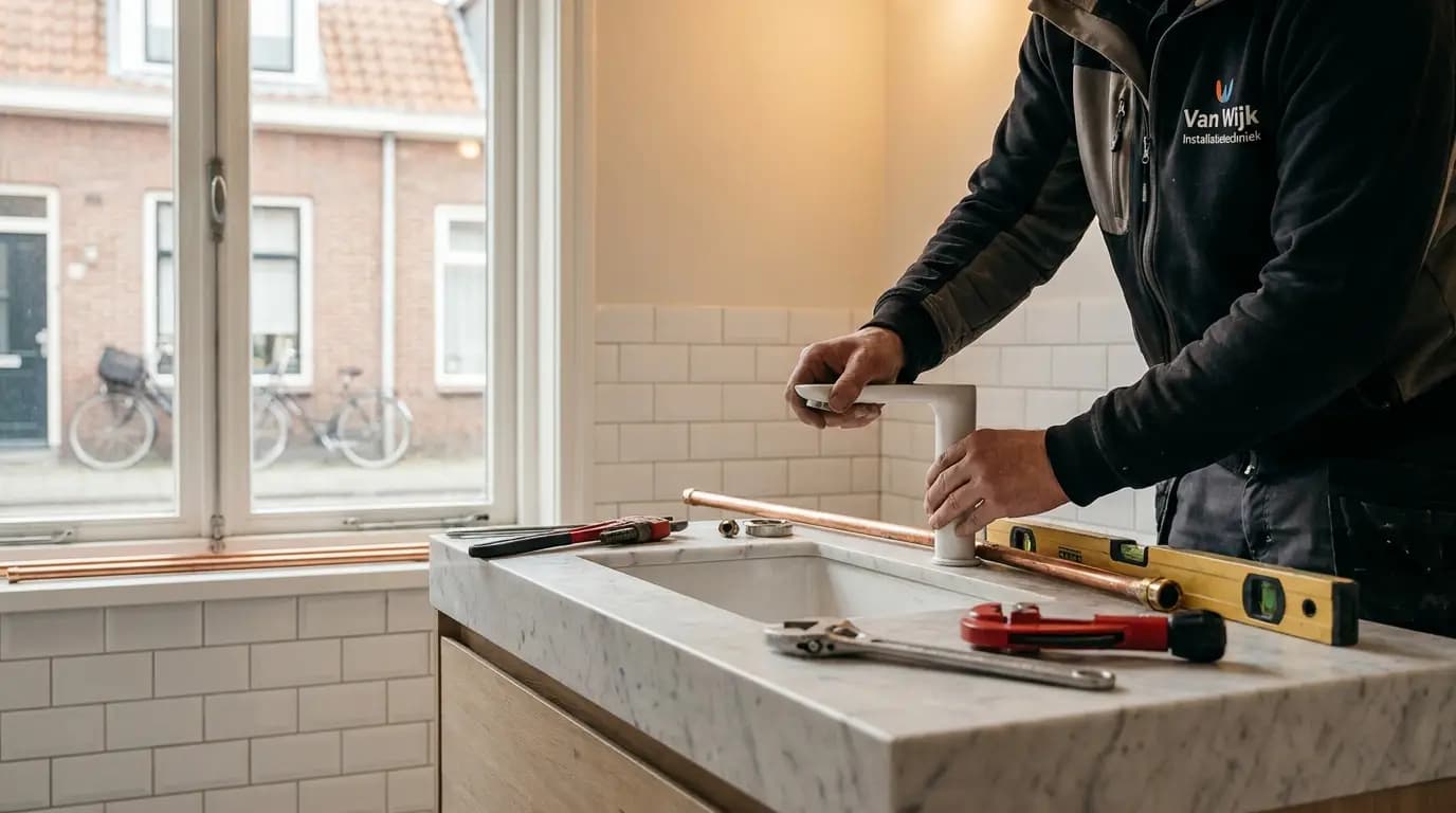 Vakman bezig met wastafel plaatsen in een Nederlandse woning