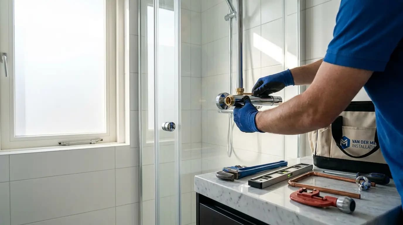 Vakman bezig met inloopdouche plaatsen in een Nederlandse woning