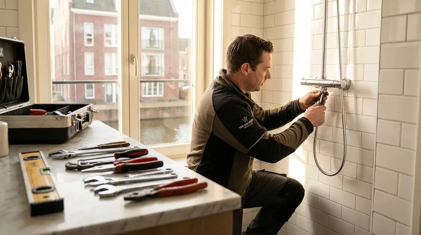 Vakman bezig met van bad naar douche in een Nederlandse woning
