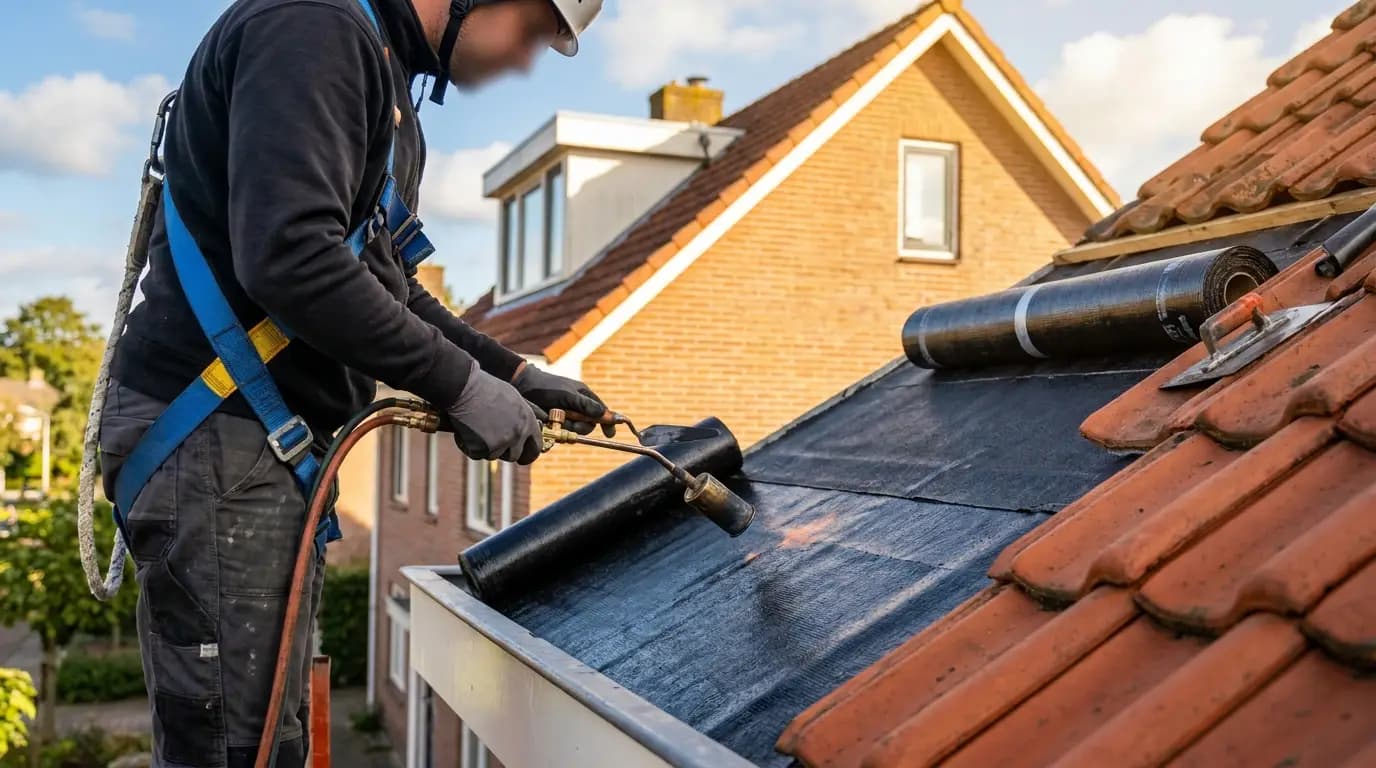 Vakman bezig met bitumen dakbedekking in een Nederlandse woning