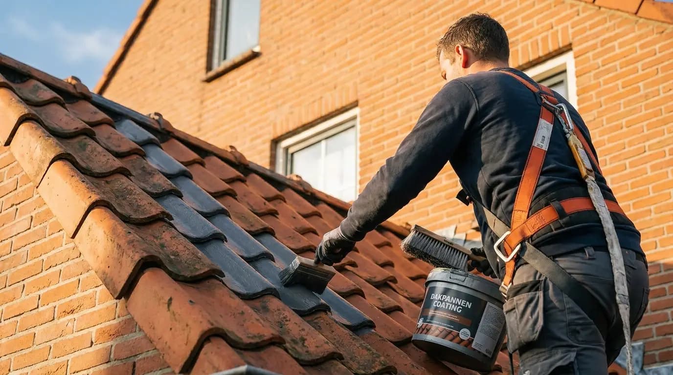 Vakman bezig met dakpannen coaten in een Nederlandse woning