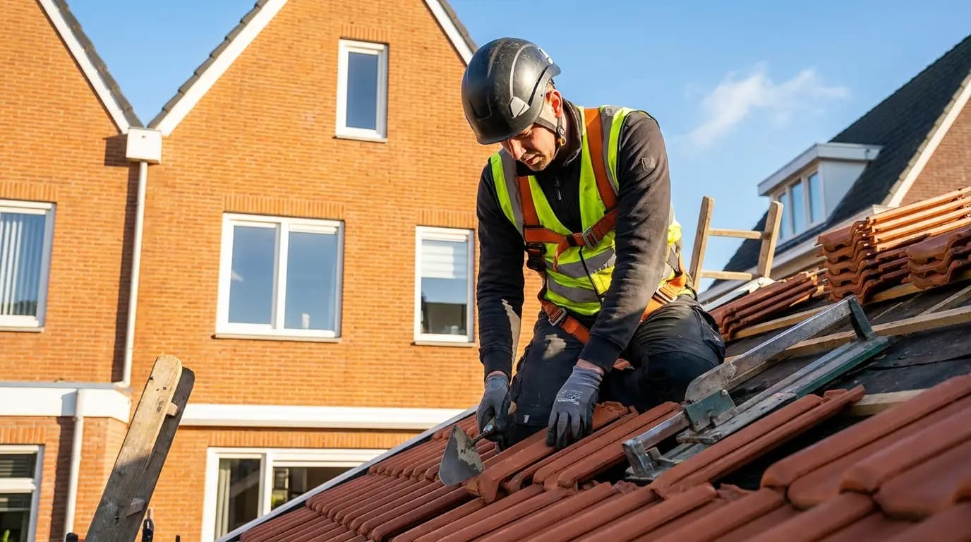 Vakman bezig met dakpannen leggen in een Nederlandse woning