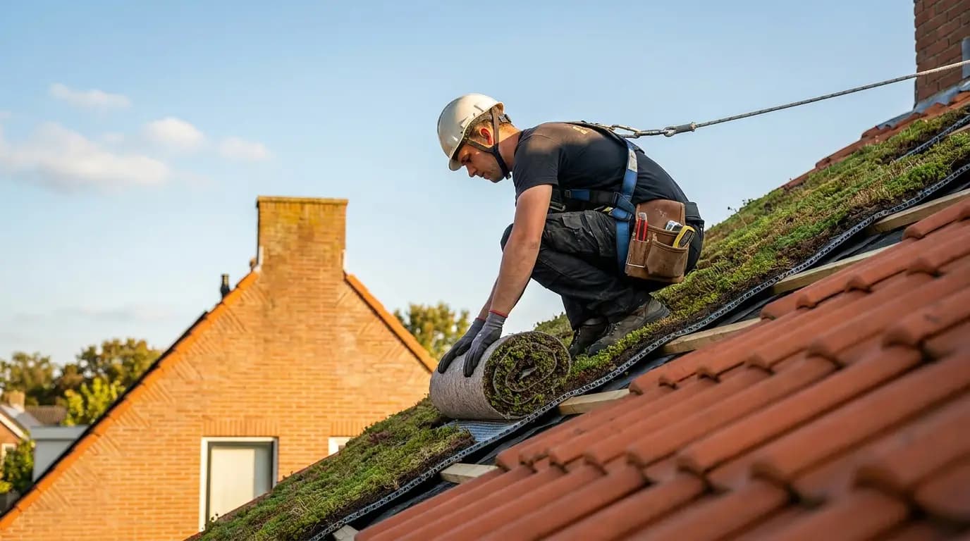 Vakman bezig met groendak aanleggen in een Nederlandse woning