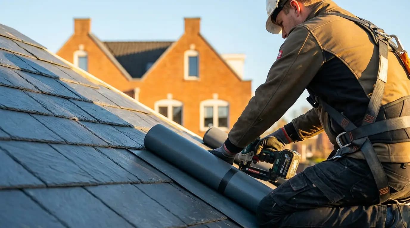 Vakman bezig met pvc dakbedekking in een Nederlandse woning