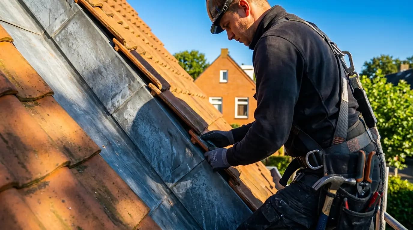 Vakman bezig met zinken dak in een Nederlandse woning