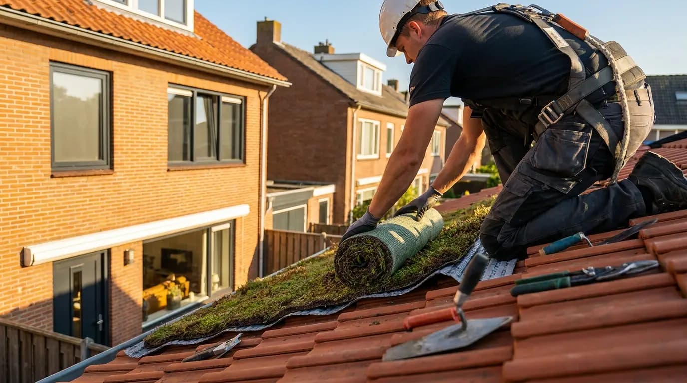 Vakman bezig met sedumdak aanleggen in een Nederlandse woning