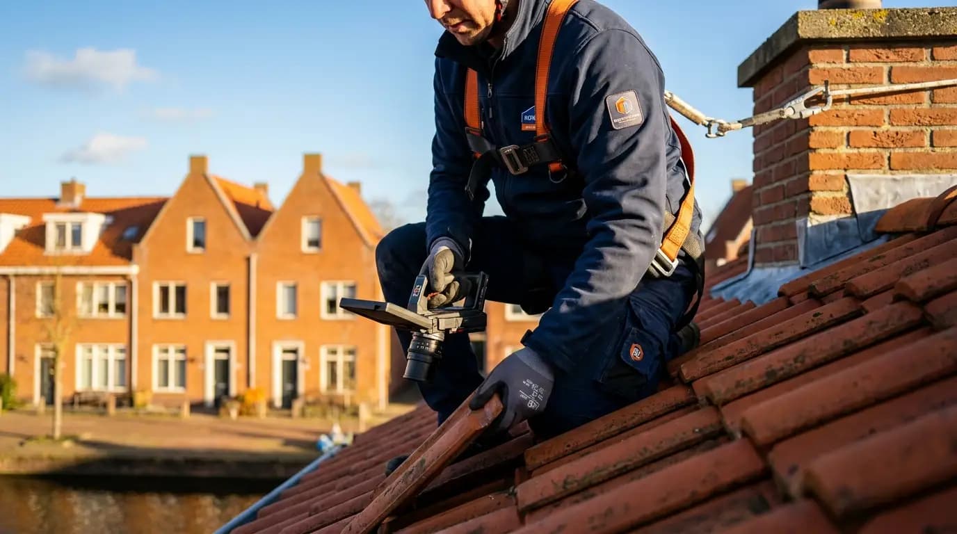 Vakman bezig met voor een dakinspectie in een Nederlandse woning