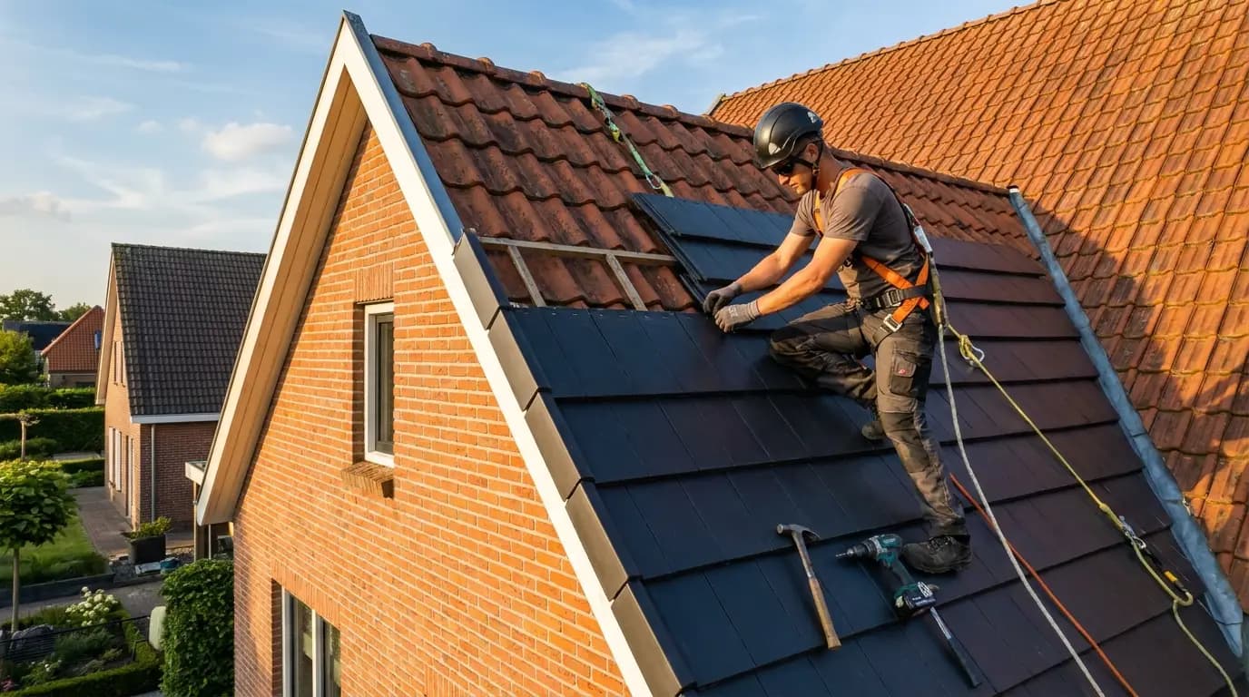 Vakman bezig met dakplaten plaatsen in een Nederlandse woning