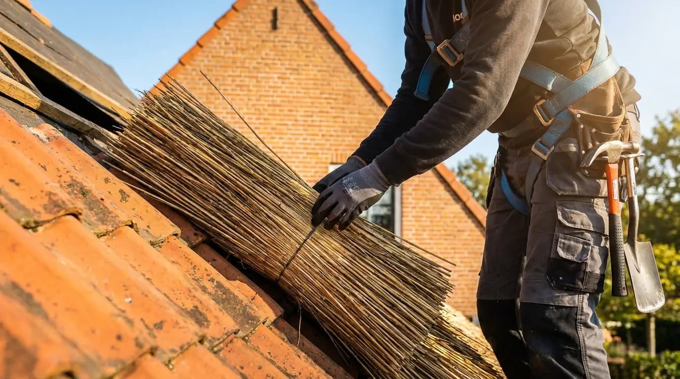 Vakman bezig met rieten dak in een Nederlandse woning