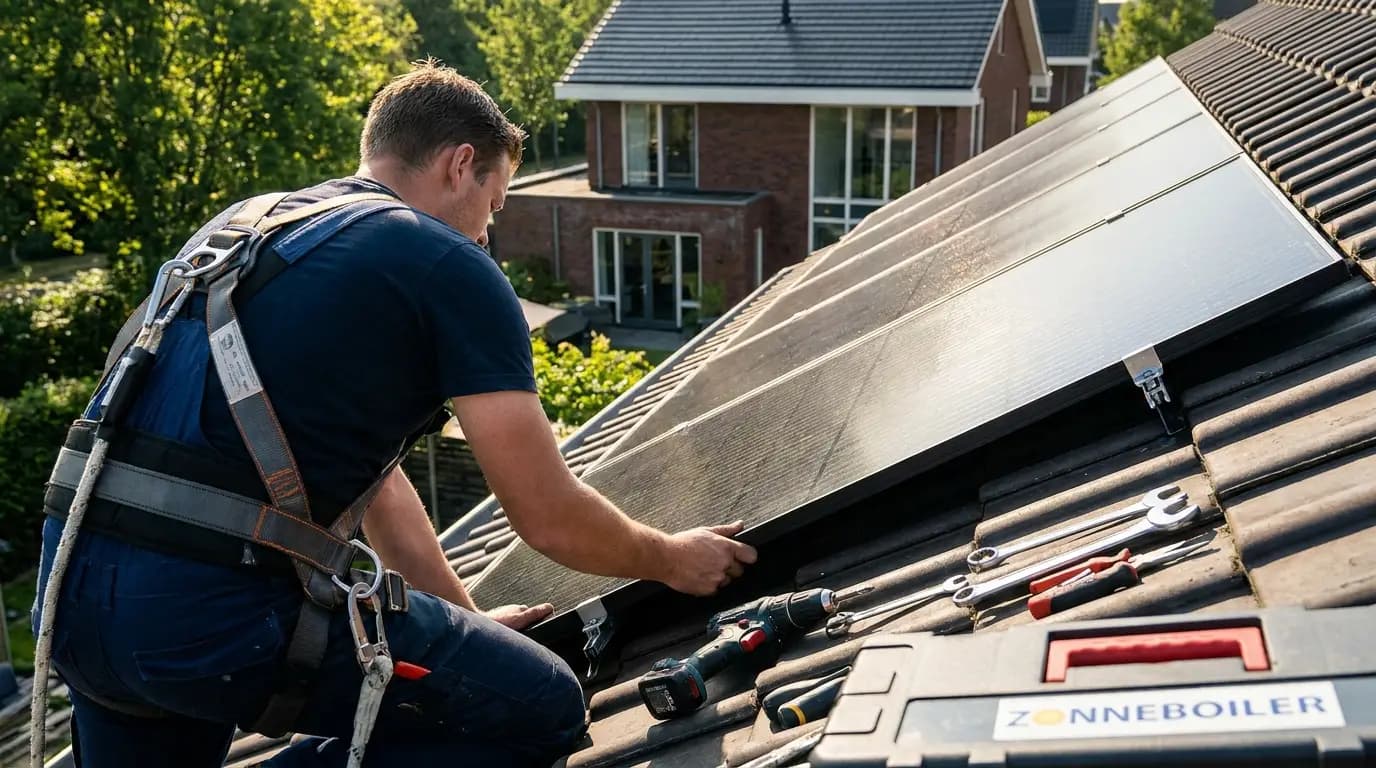 Vakman bezig met zonneboiler installeren in een Nederlandse woning
