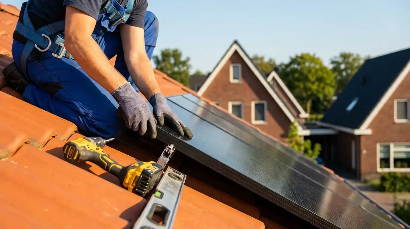 Vakman bezig met zonnedakpannen in een Nederlandse woning