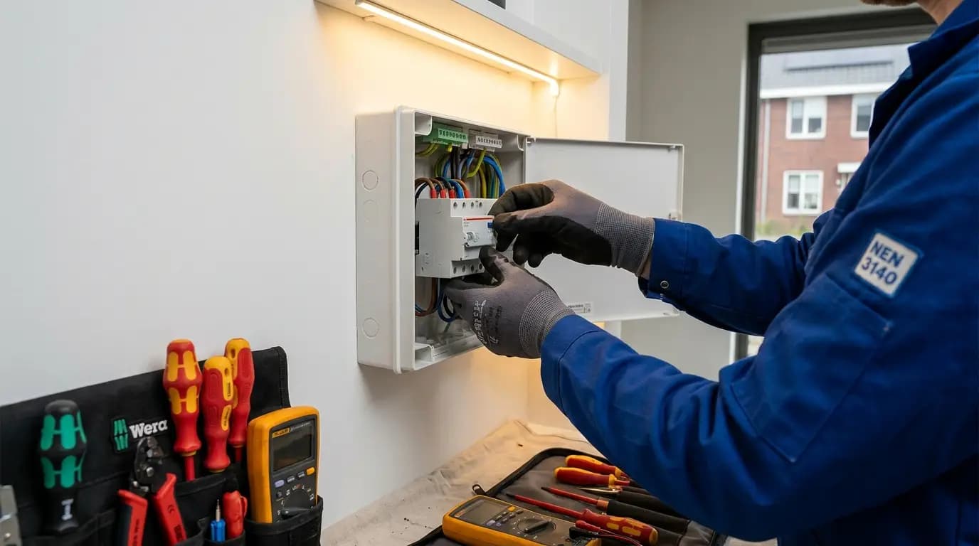 Vakman bezig met aardlekschakelaar plaatsen in een Nederlandse woning
