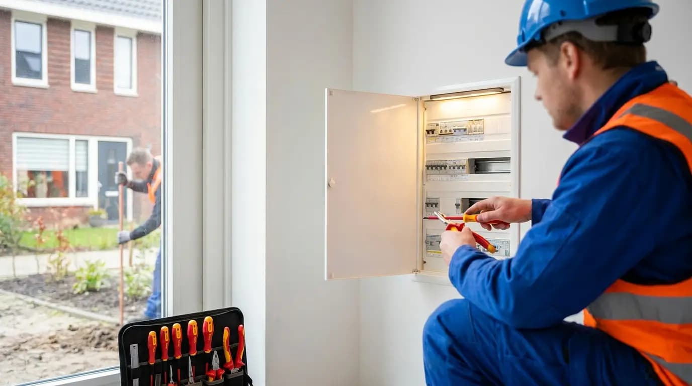 Vakman bezig met aardpen slaan in een Nederlandse woning