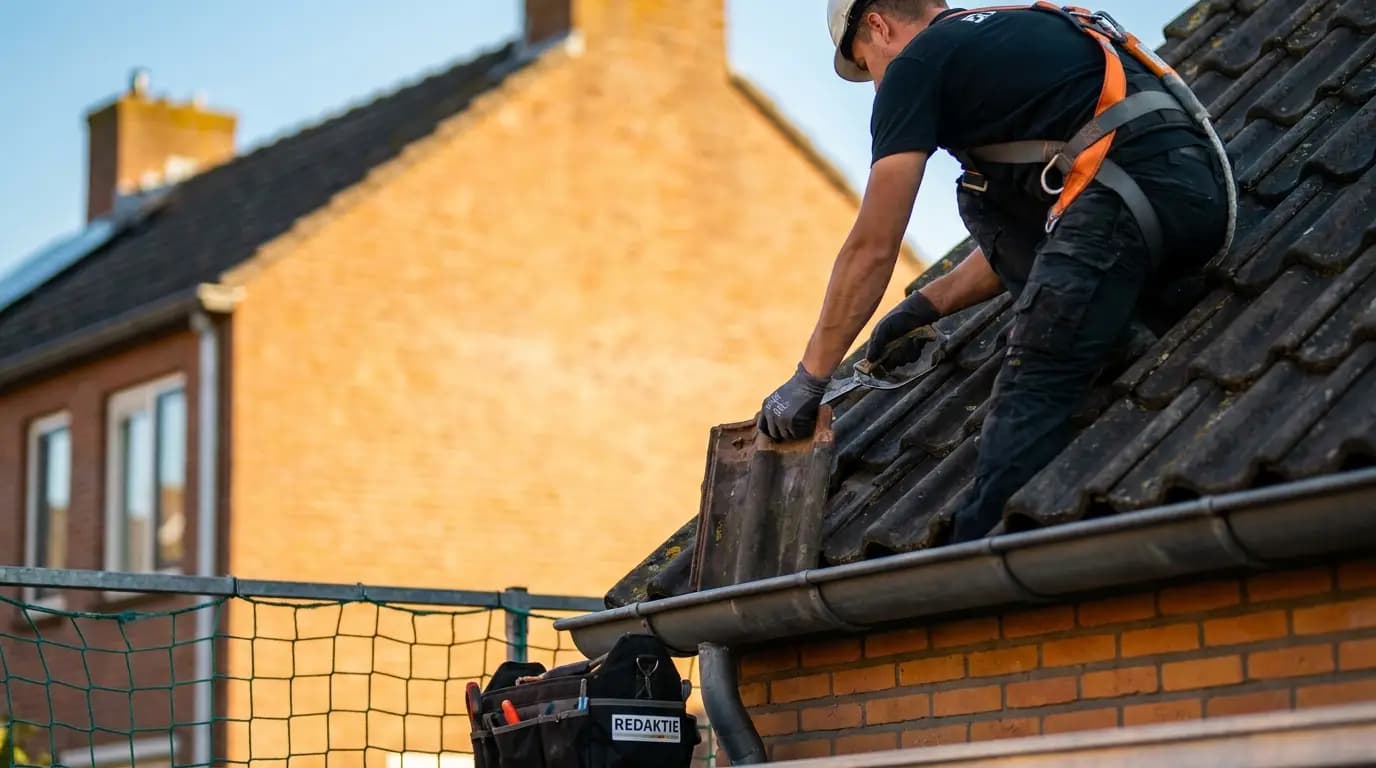 Vakman bezig met plat dak vervangen in een Nederlandse woning