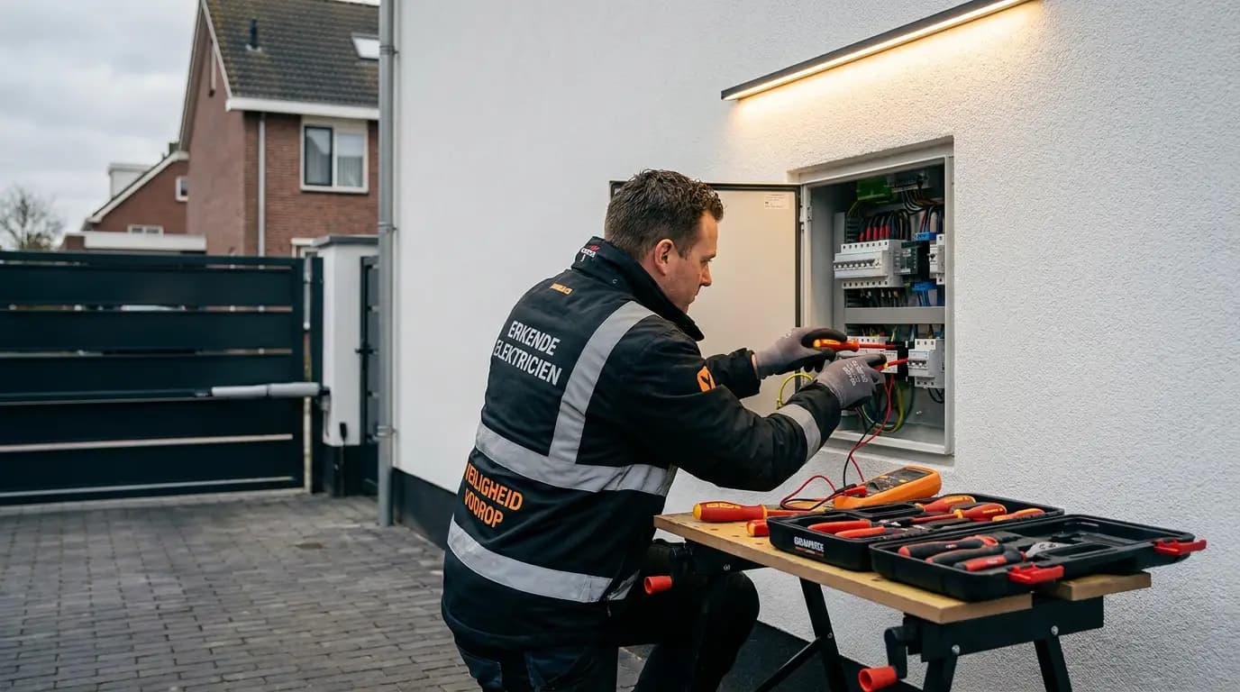 Vakman bezig met elektrische poort installeren in een Nederlandse woning