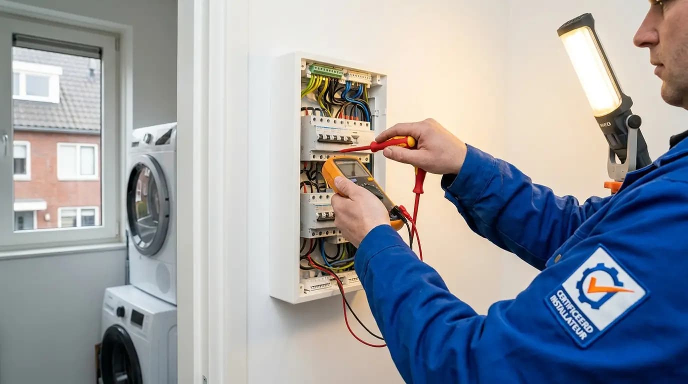 Vakman bezig met wasmachine reparatie in een Nederlandse woning