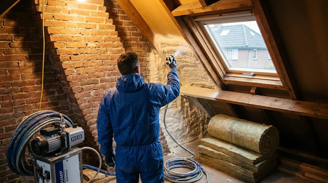 Vakman bezig met buitenmuur isoleren in een Nederlandse woning
