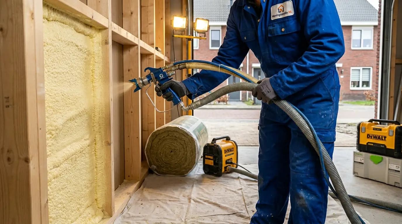 Vakman bezig met garage isoleren in een Nederlandse woning