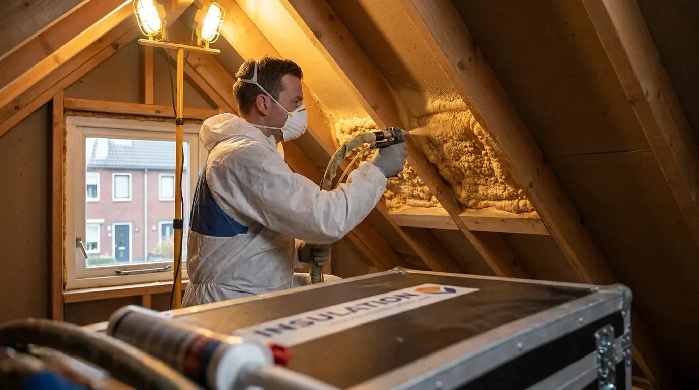 Vakman bezig met schuur isoleren in een Nederlandse woning