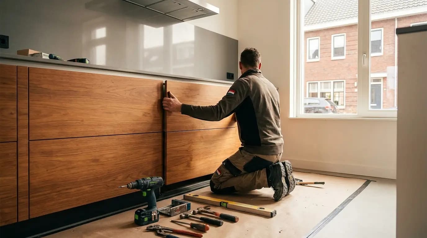 Vakman bezig met keuken achterwand in een Nederlandse woning