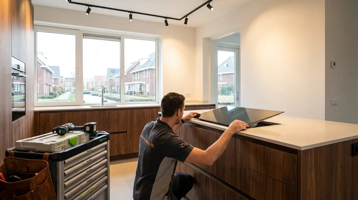 Vakman bezig met glasplaat inductie vervangen in een Nederlandse woning