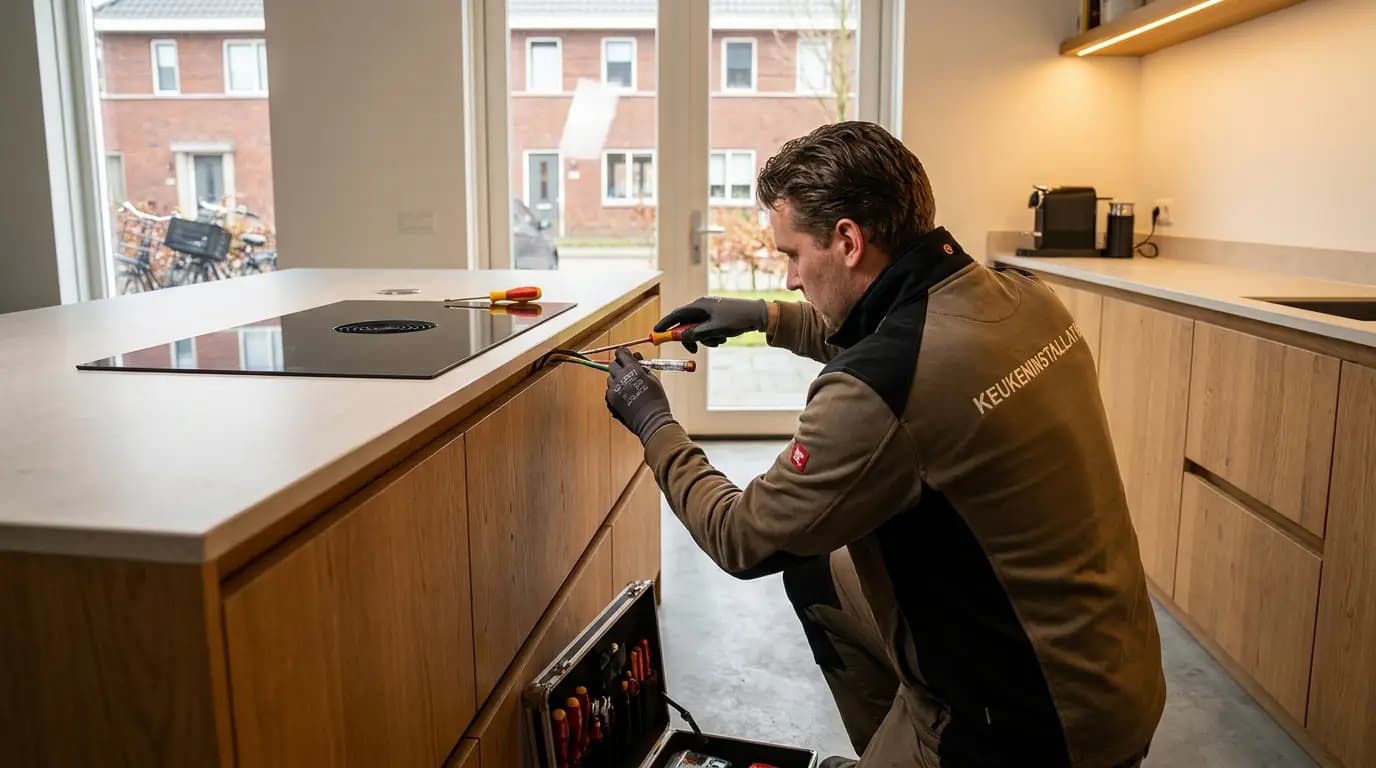 Vakman bezig met inductiekookplaat aansluiten in een Nederlandse woning