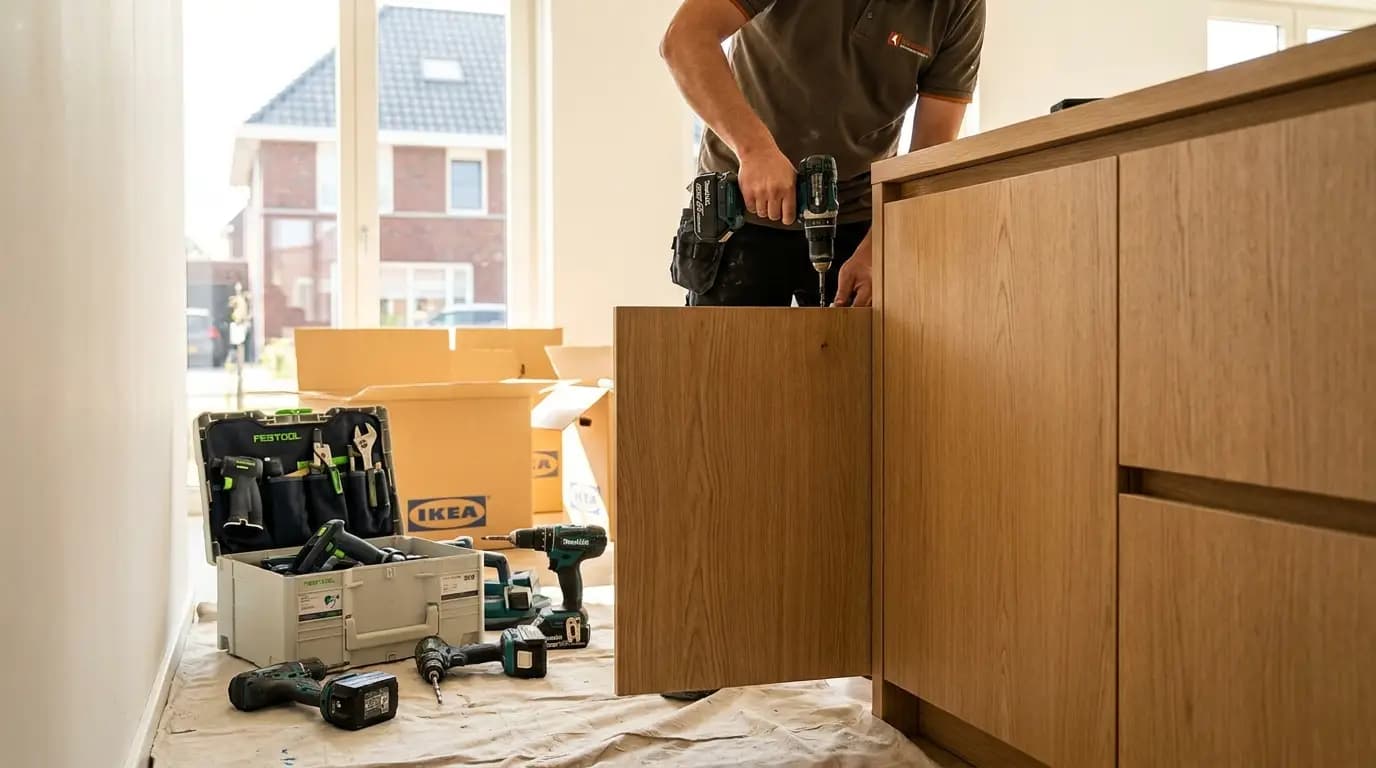 Vakman bezig met ikea keuken plaatsen in een Nederlandse woning