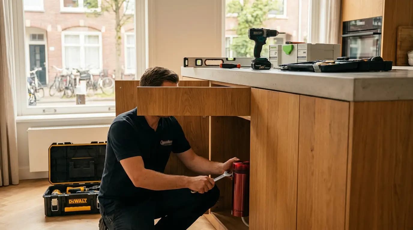 Vakman bezig met quooker installeren in een Nederlandse woning