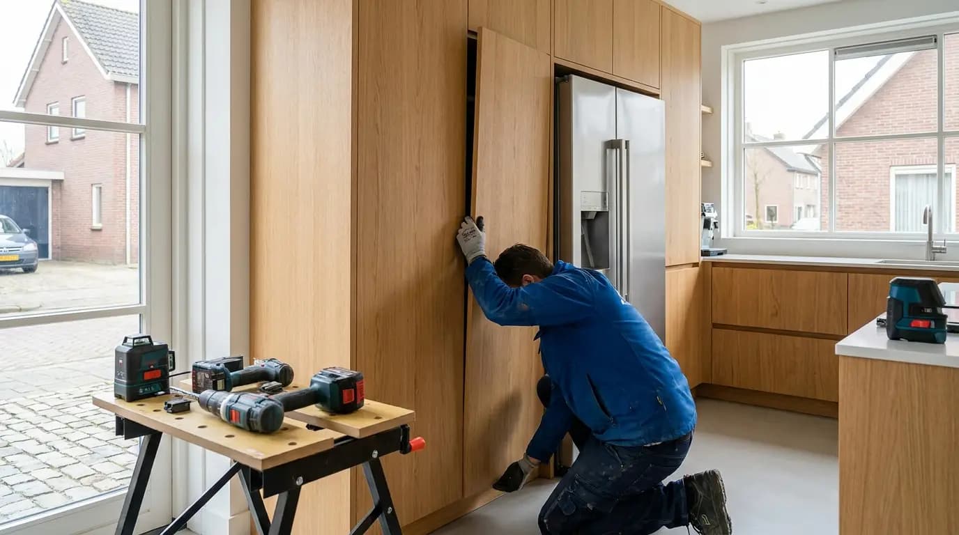 Vakman bezig met amerikaans koelkast plaatsen in een Nederlandse woning