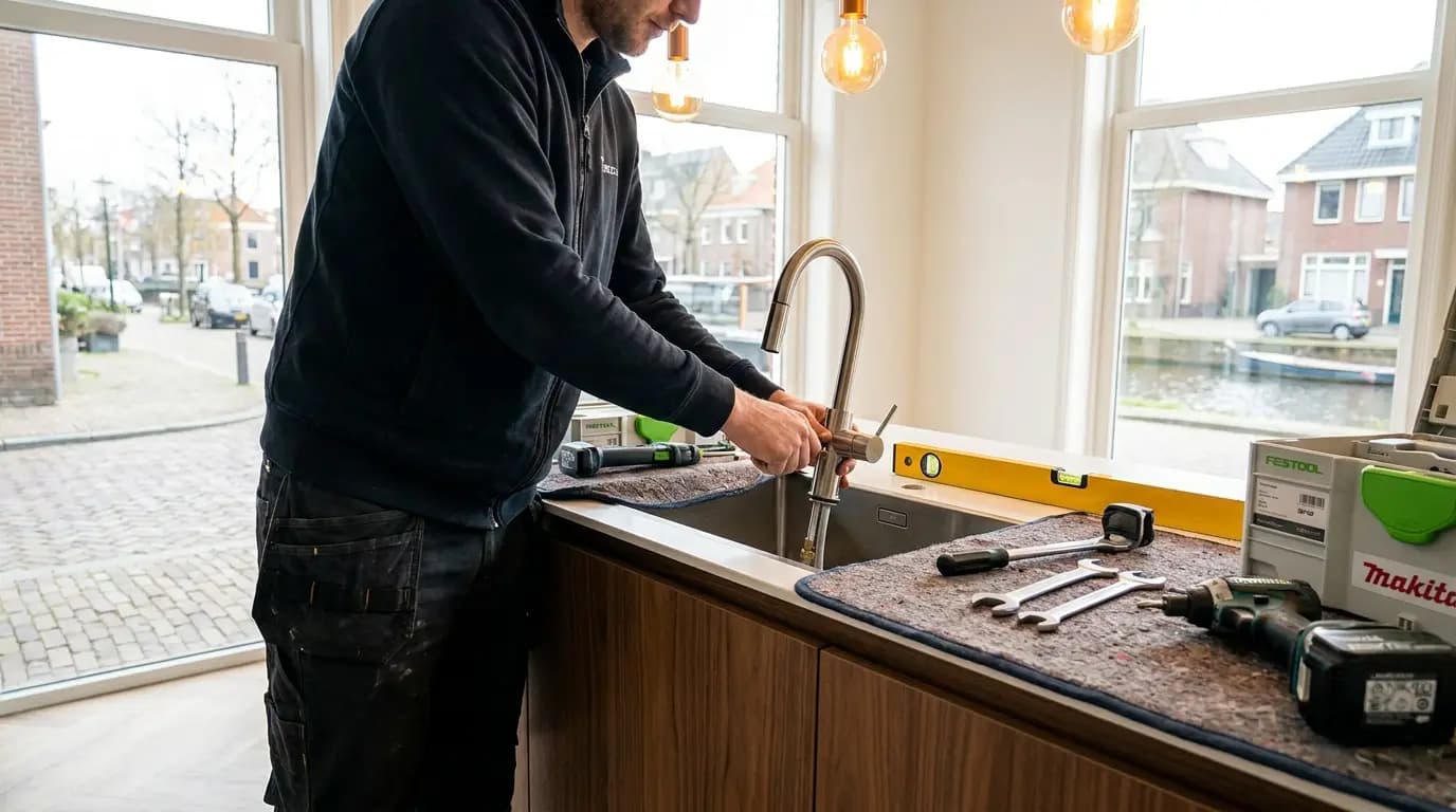 Vakman bezig met bruisend water kraan in een Nederlandse woning
