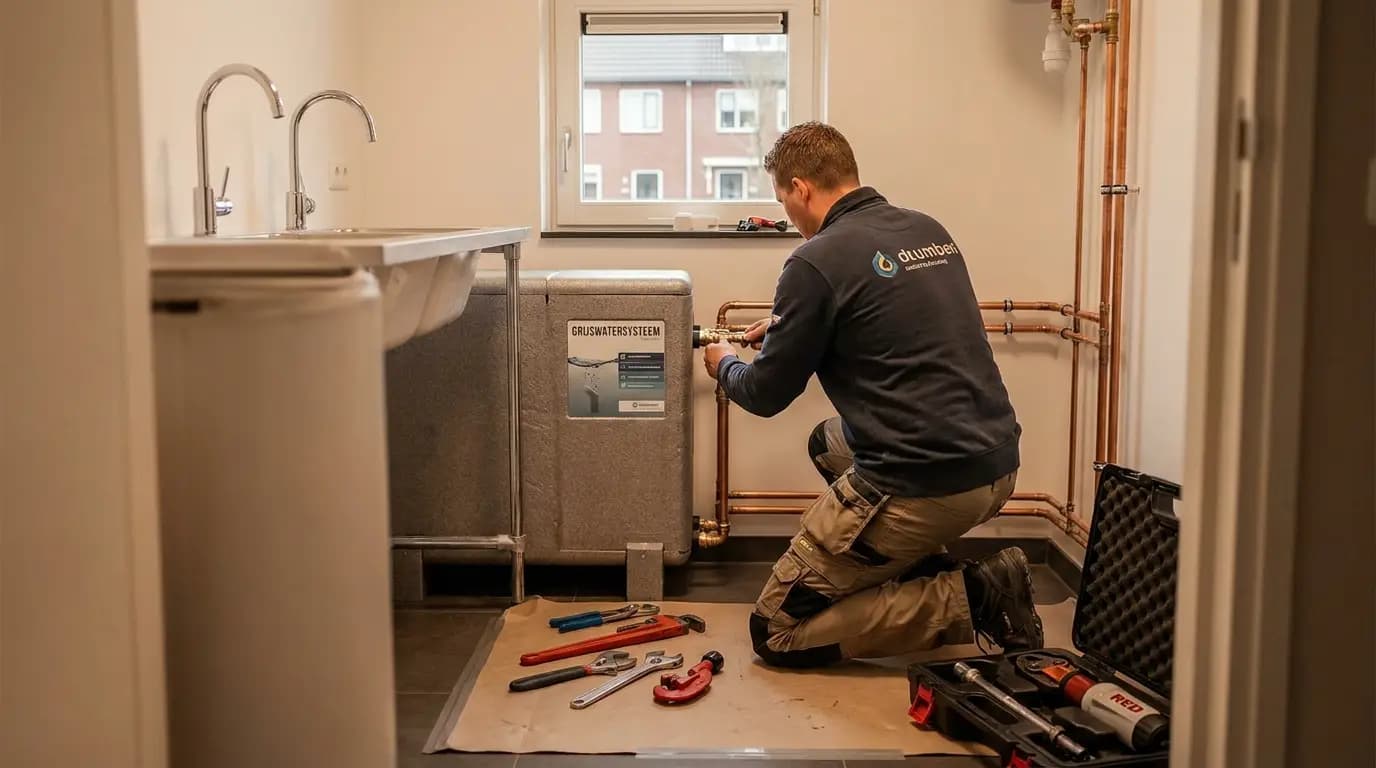 Vakman bezig met grijswatersysteem installeren in een Nederlandse woning