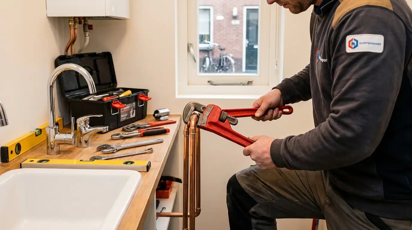 Vakman bezig met rioolinspectie in een Nederlandse woning