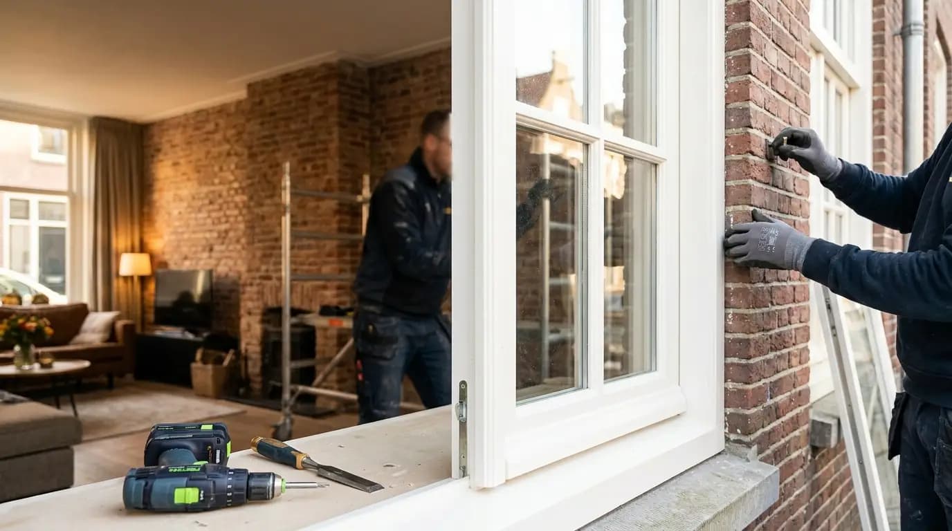 Vakman bezig met houten kozijnen in een Nederlandse woning
