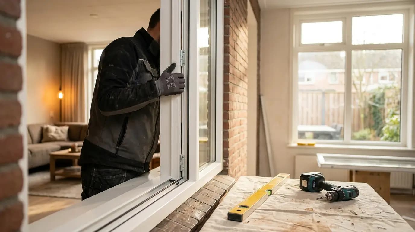 Vakman bezig met aluminium kozijnen in een Nederlandse woning