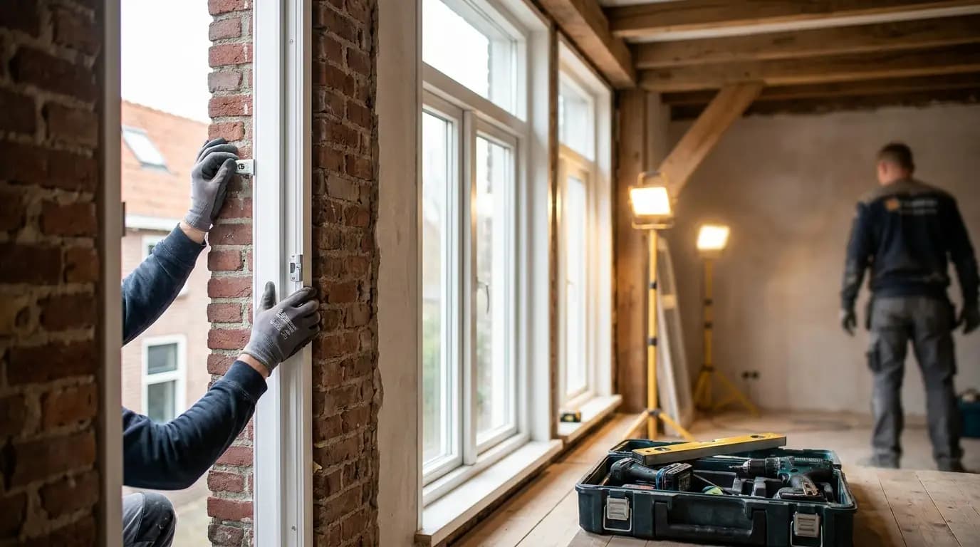 Vakman bezig met kunststof kozijnen in een Nederlandse woning