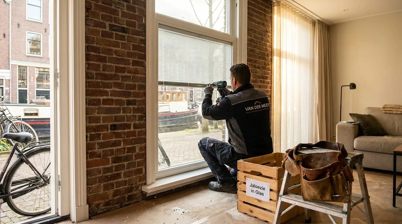Vakman bezig met jaloezie in glas in een Nederlandse woning