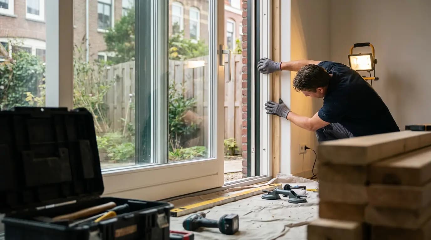 Vakman bezig met schuifpui repareren in een Nederlandse woning