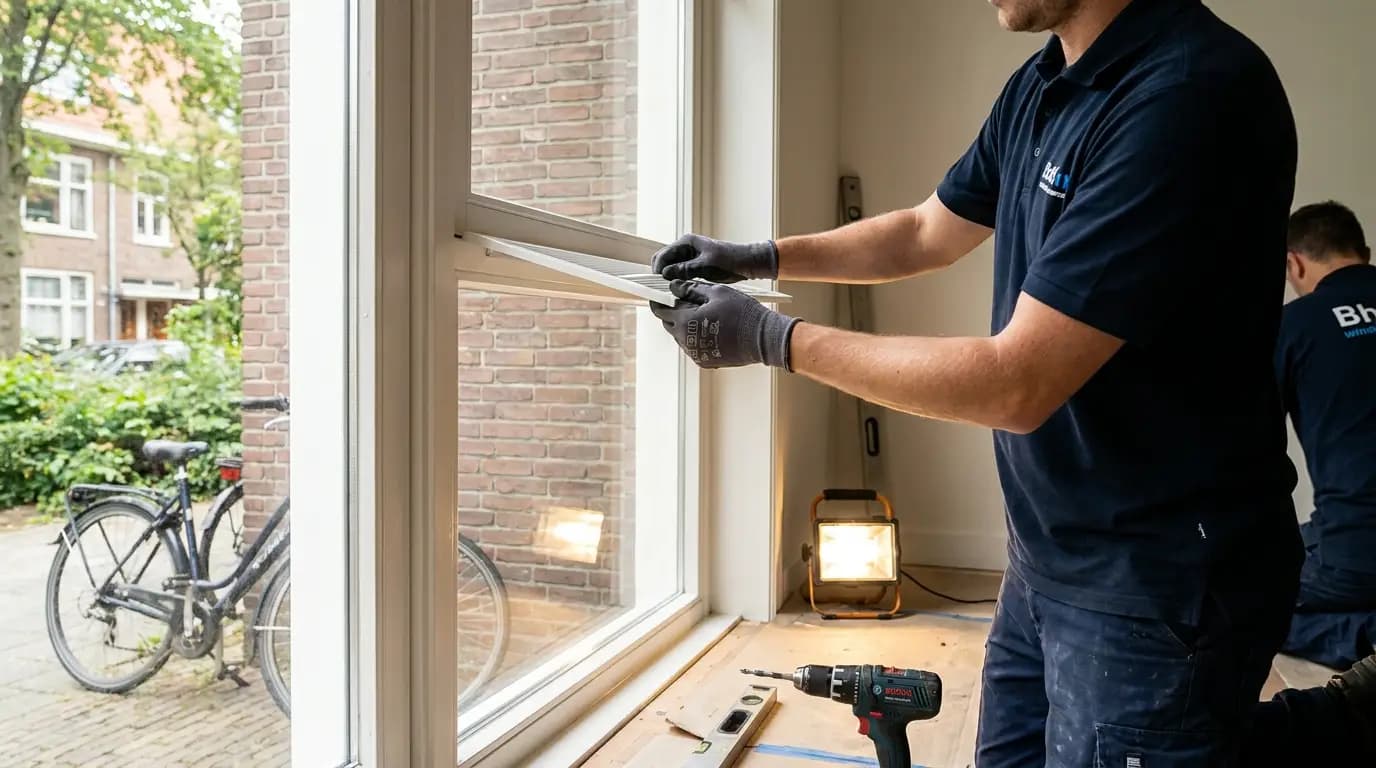 Vakman bezig met ventilatierooster in een raam plaatsen in een Nederlandse woning