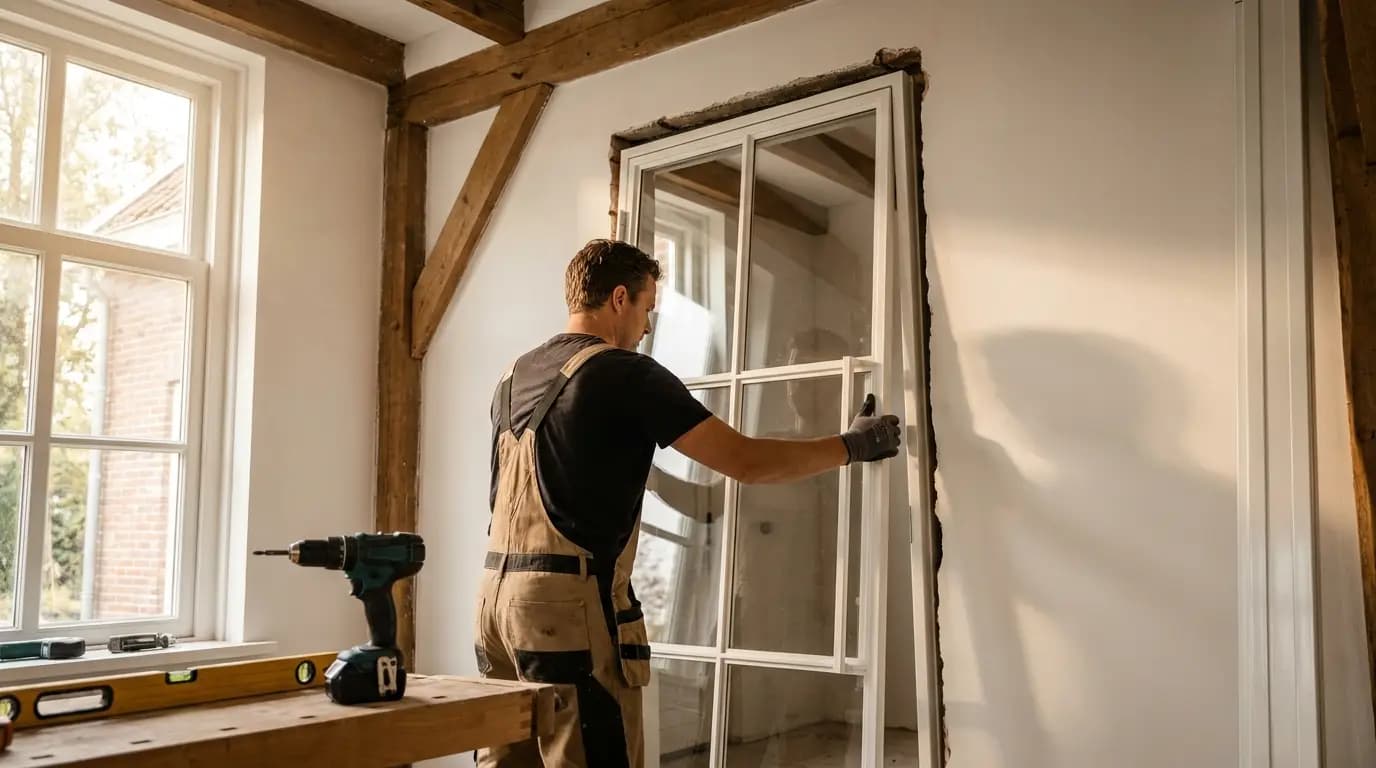 Vakman bezig met stalen deur plaatsen in een Nederlandse woning