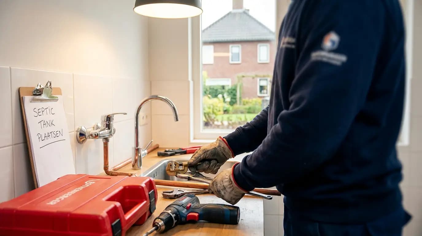 Vakman bezig met septic tank plaatsen in een Nederlandse woning