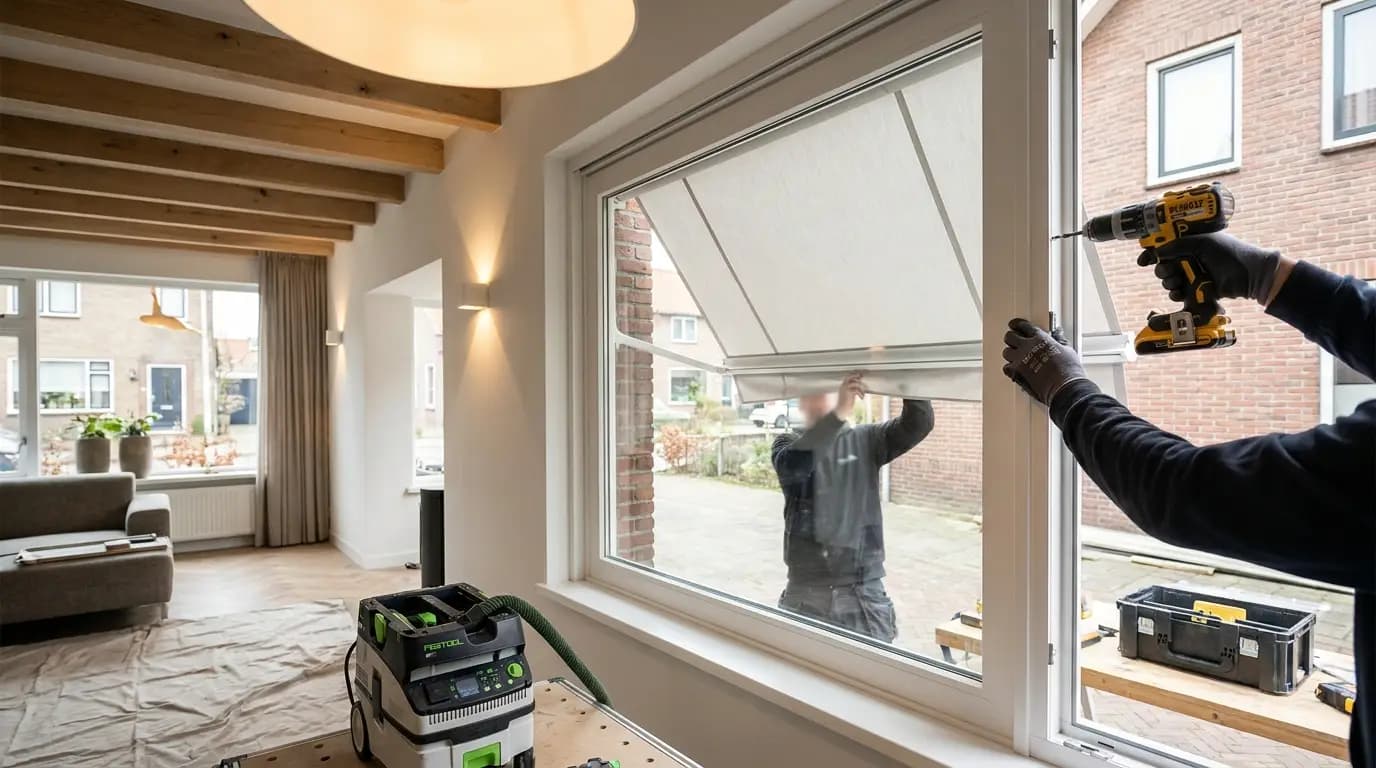 Vakman bezig met zonnescherm doek vervangen in een Nederlandse woning
